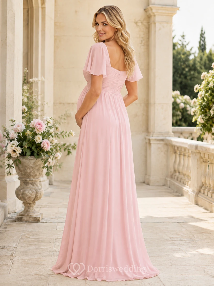 Robe de maternité empire en mousseline rose perle à décolleté cœur et manches papillon, style jardin view 2