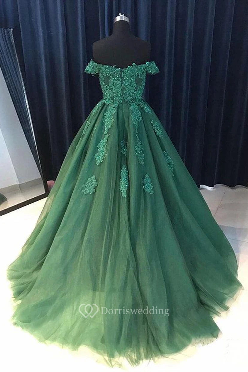Ball Gown Lace Tulle Off-the-shoulder Short Sleeve Zipper Dress view 2