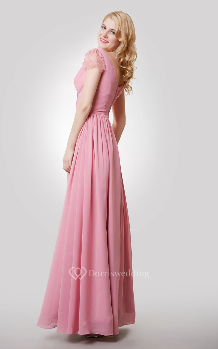 Chiffon A-Line Long Dress With V-Neck and Cap Lace Sleeves view 2