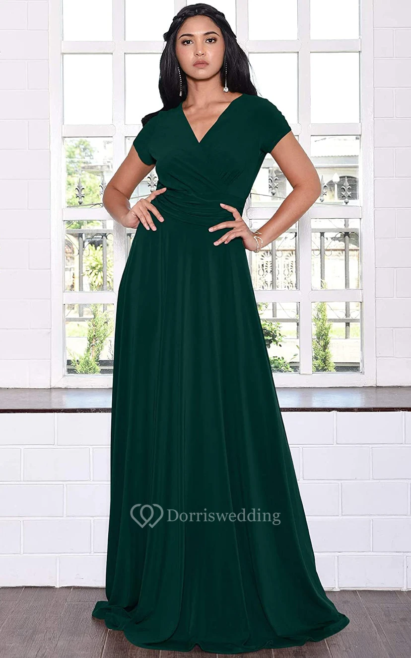 Modern Jersey V-neck Short Sleeve Mother Dress With Criss Cross and Pleats view 12