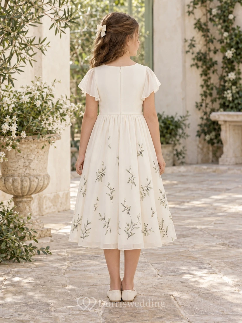 Schlichtes, dezentes cremefarbenes, teelanges Chiffonkleid mit juwelenfarbenem, transparentem Volantärmeln und olivgrünem Sprenkelmuster – ein echtes Blumenmädchenkleid in A-Linie view 2