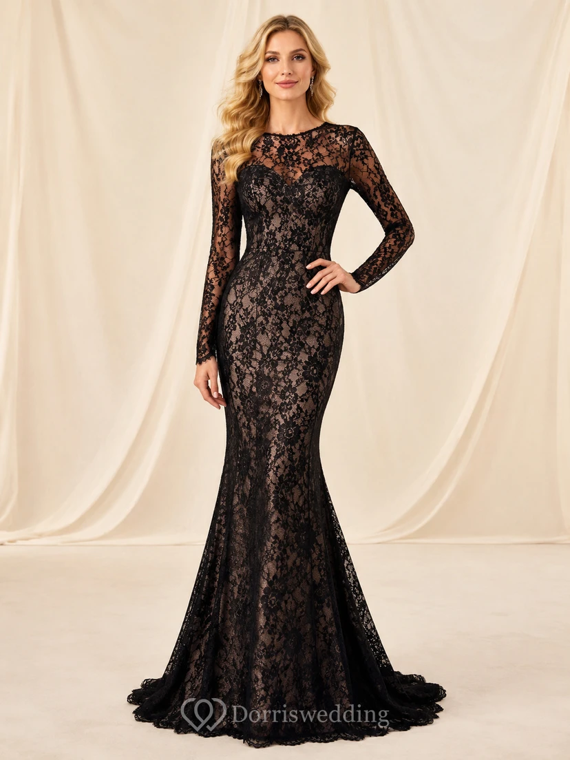 Schwarzes, hochgeschlossenes Abendkleid mit Illusionsspitze, langen Ärmeln und Meerjungfrauenschnitt
