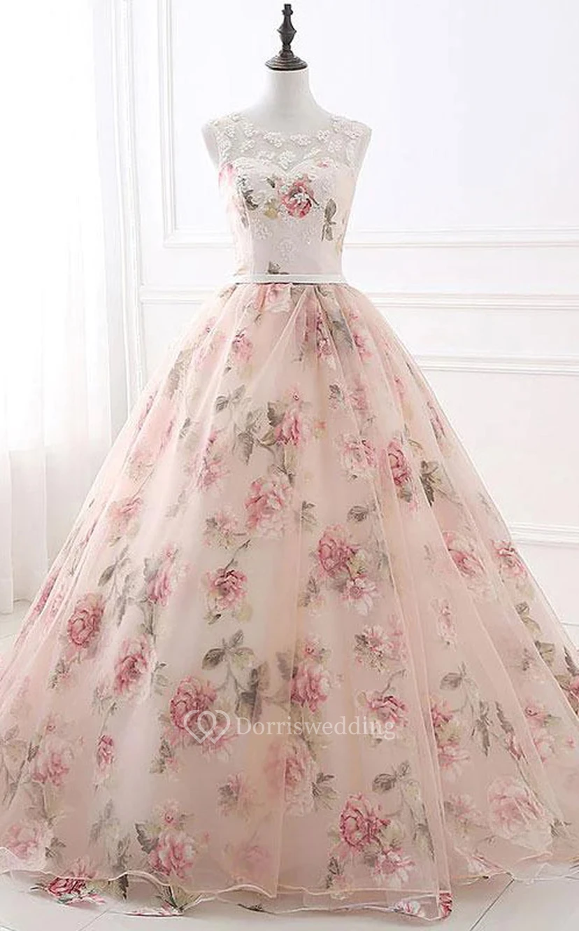 Vestido de fiesta de gala sin mangas con escote redondo y corte imperio, estampado floral