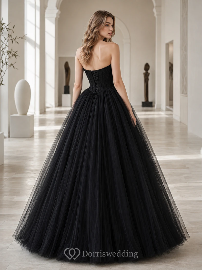 Black Strapless Sweetheart Tulle Ball Gown Modern Wedding Dress view 2
