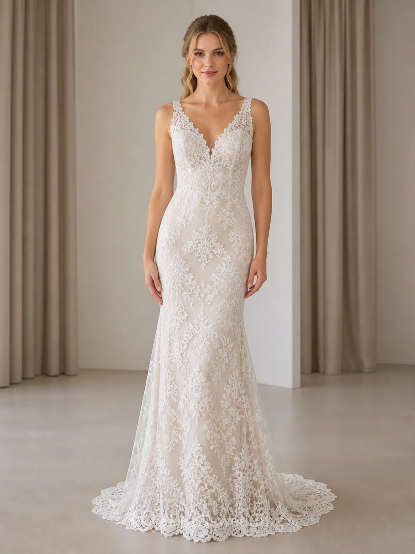 Vestido de novia sencillo de corte sirena con escote en V, tirantes y cola de encaje.