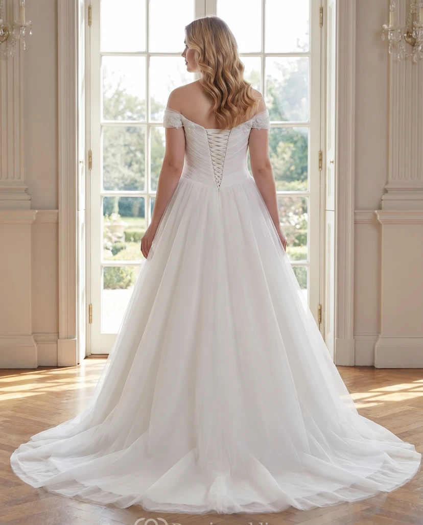 Off Shoulder Plus Size Tulle Ball Gown Wedding Dress with Ruched Bodice and Train view 2