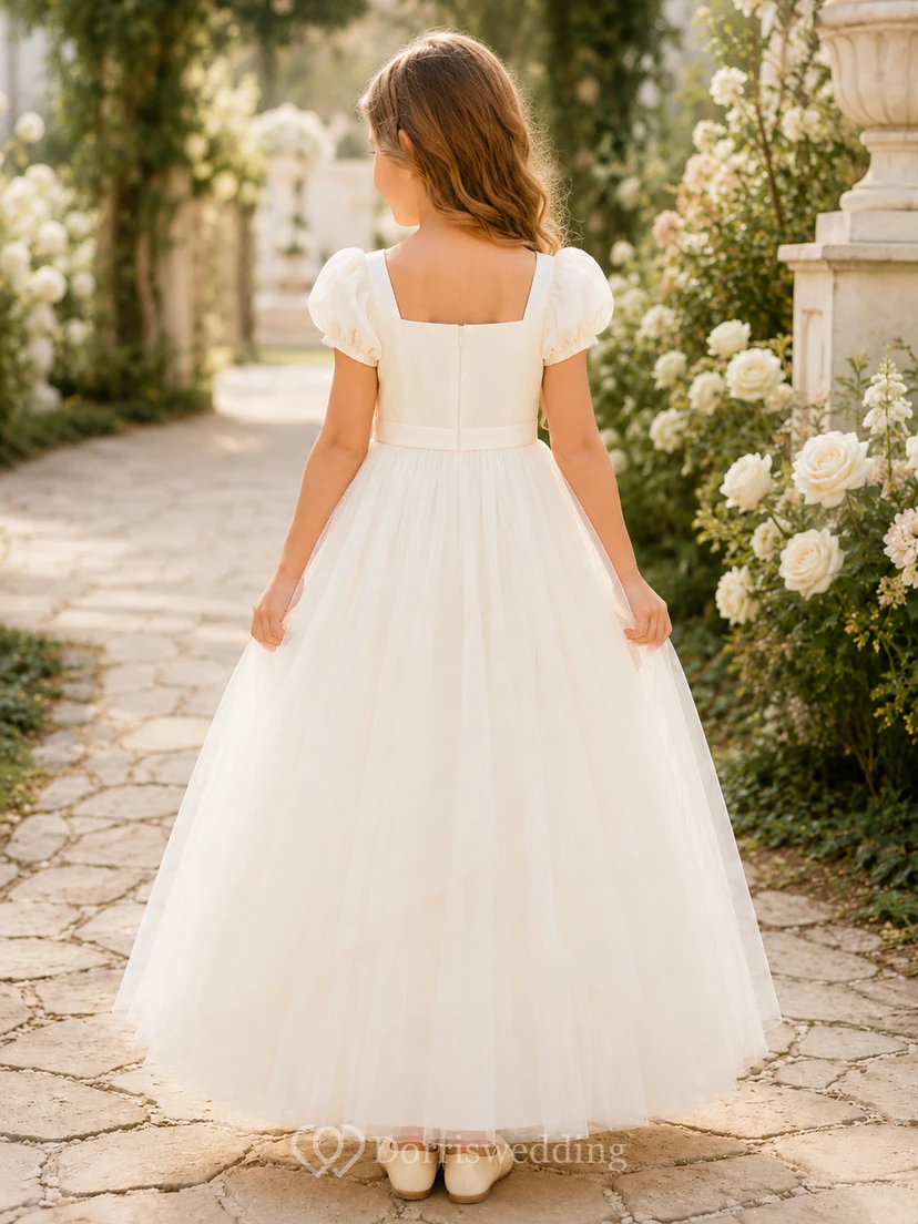 Bow Back Tulle A-Line Flower Girl Dress with Jewel Neck and Tea-Length Skirt view 2