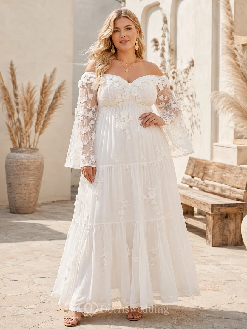 Plus Size Boho Off-Shoulder Long Bell Sleeve Lace Tiered Floor-Length Wedding Dress