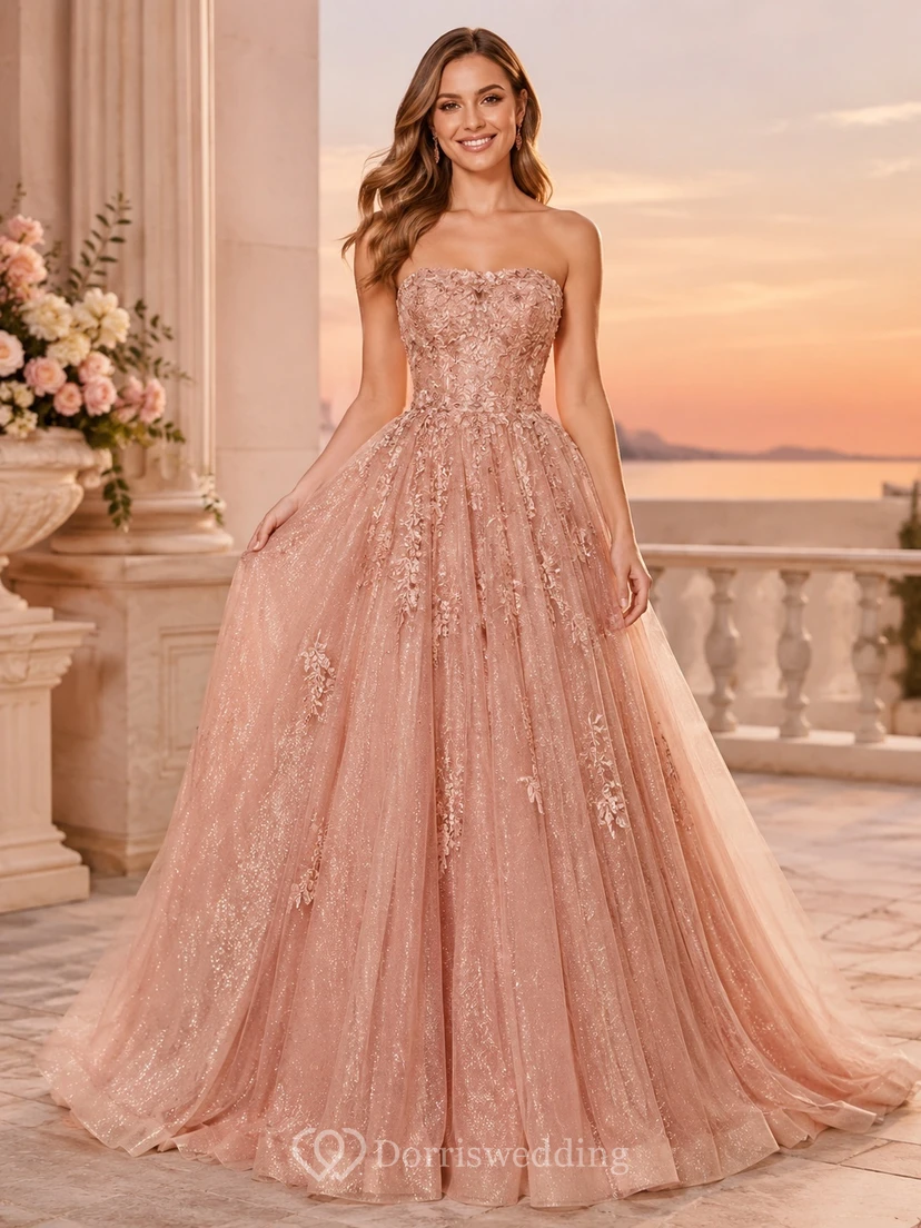 Dusty Rose Prom Ball Gown Glitter Tulle Strapless Applique Sweep Train Luxury
