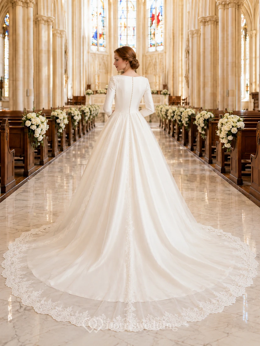 Vestido de novia de gala de satén de manga larga y estilo modesto, estilo catedral. view 2