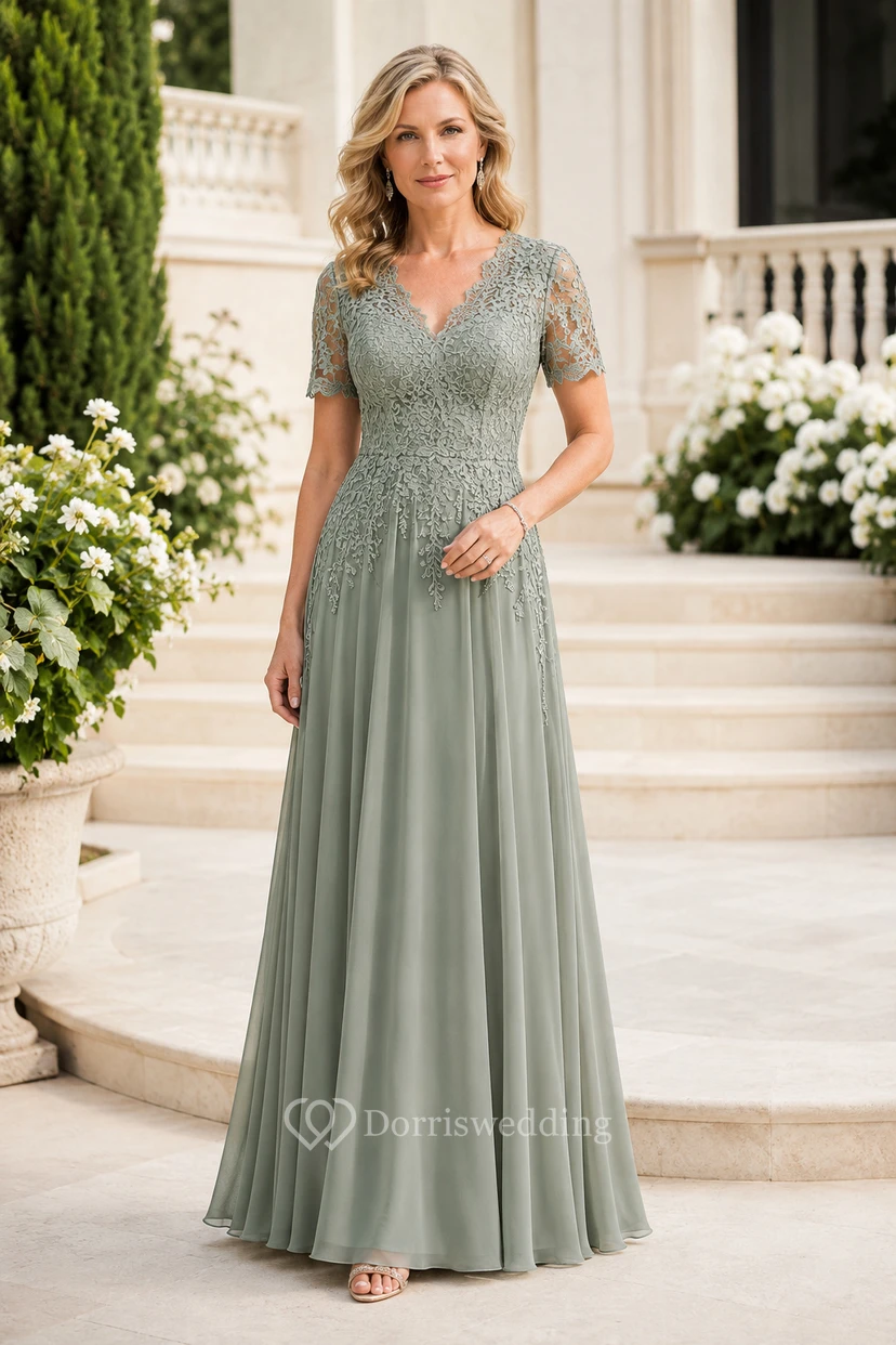 MOB Dress Sage Chiffon Lace A-Line Short Sleeve V-Neck Floor Length