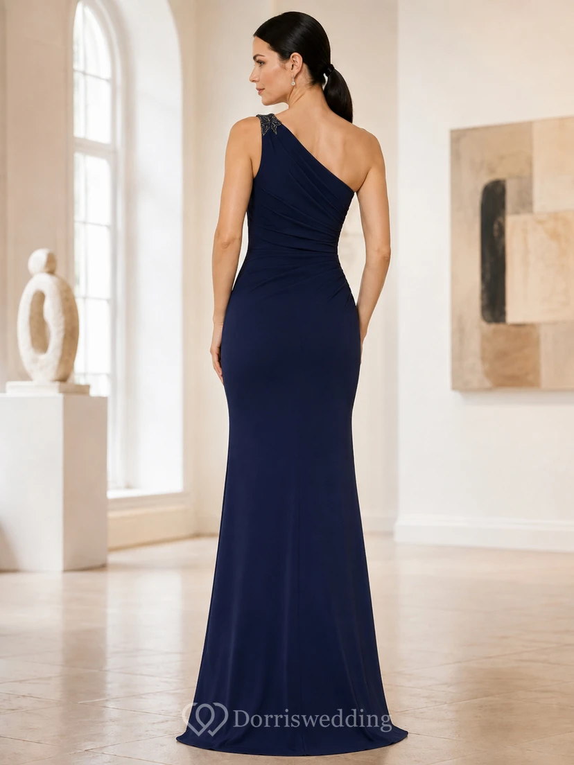 Modern Petite Dark-Navy One-Shoulder Sleeveless Jersey Sheath Floor-Length Evening Gown view 2