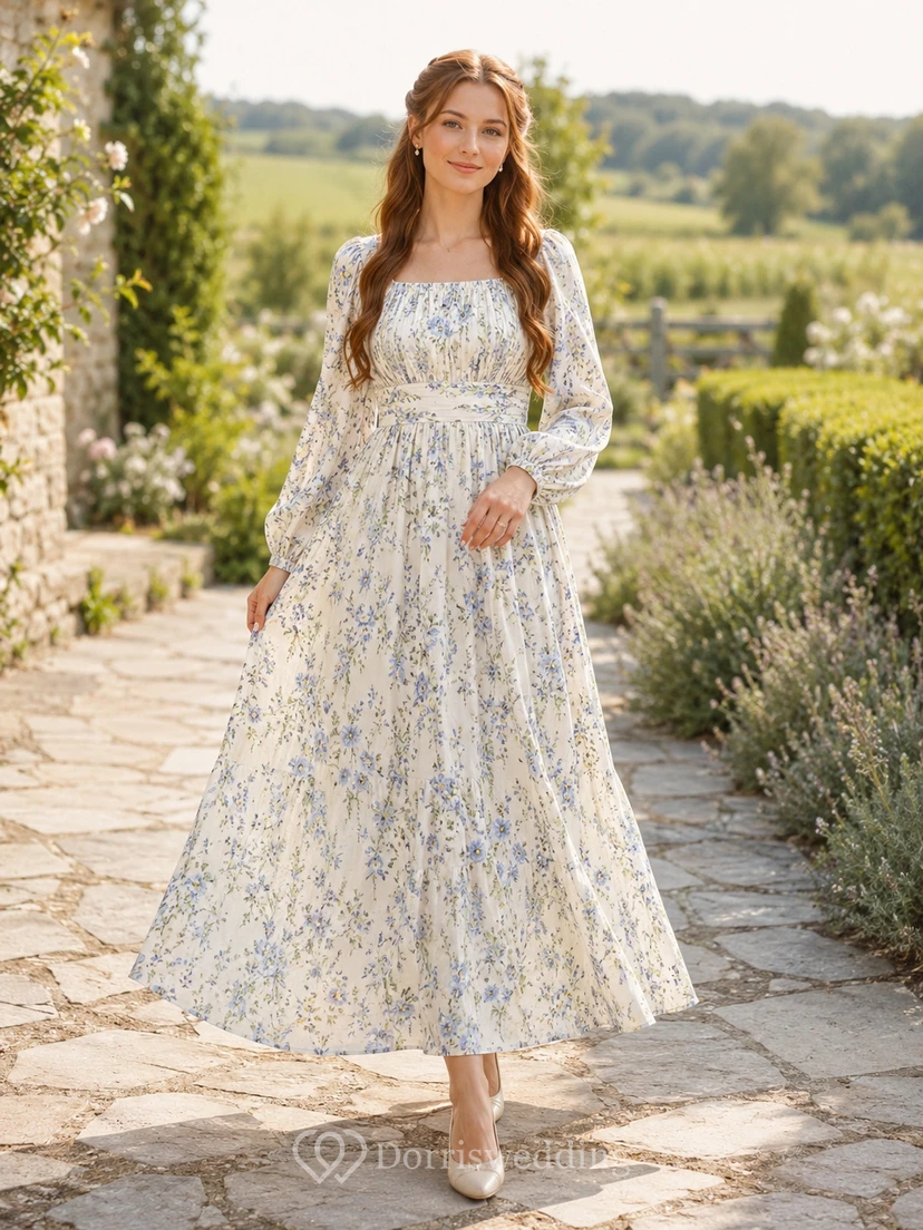 Robe longue trapèze à col carré et manches longues, style modeste, à imprimé floral bleu