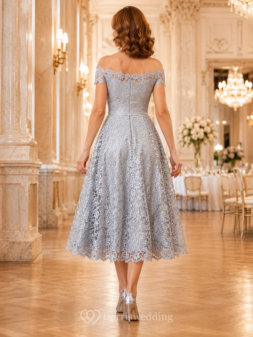 Silver lace off shoulder A-line club banquet midi dress view 2