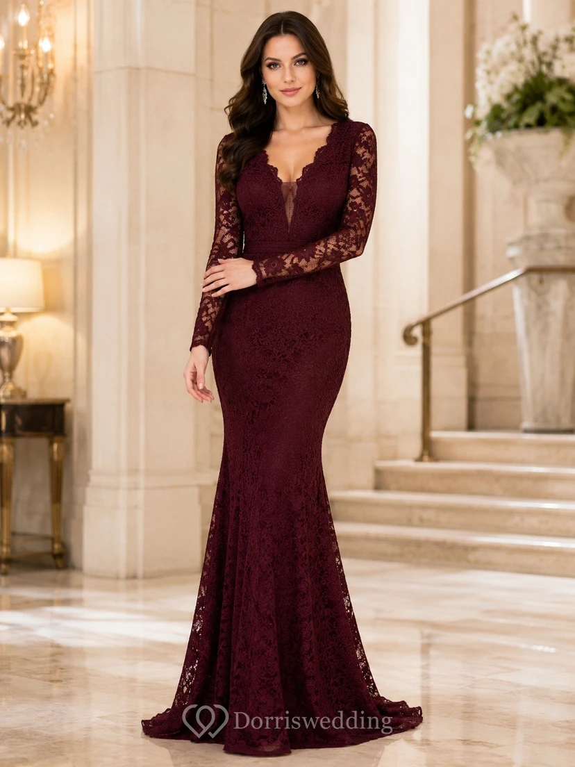 Burgundy Lace V-Neck Long-Sleeve Mermaid Sweep-Train Formal Dress