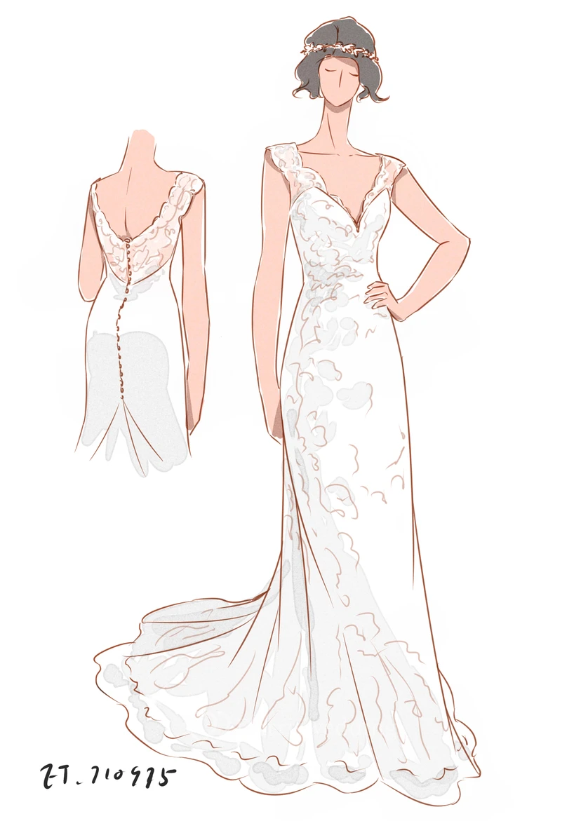 Vestido de sirena de encaje con escote en V y mangas cortas, espalda ilusión. view 4