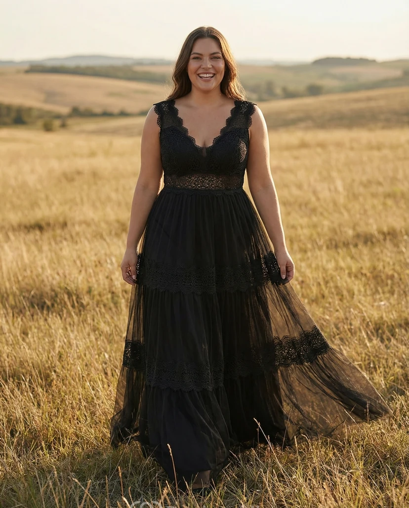 Whimsical Boho V-Neck Lace and Tulle Wedding Dress with Tiered Skirt view 9