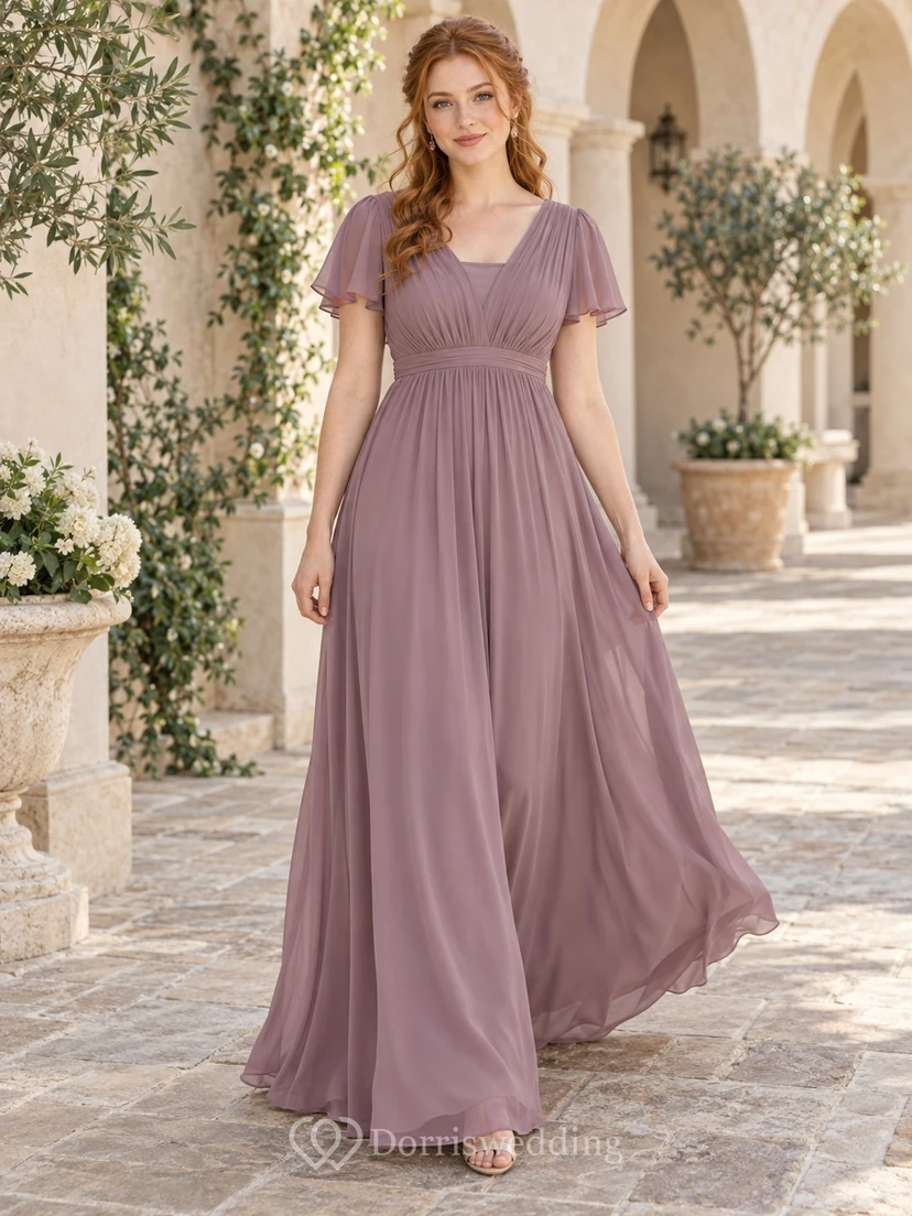 Vestido de dama de honor largo hasta el suelo, de gasa fruncida, con escote en V y mangas con volantes, color malva discreto.