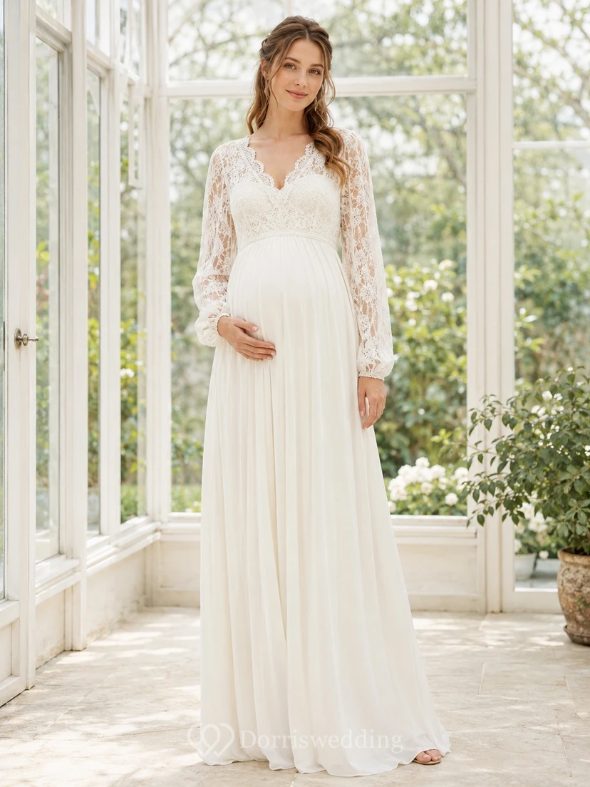 Ivory Tall Maternity Lace Long Sleeve V-Neck A-Line Floor Dress