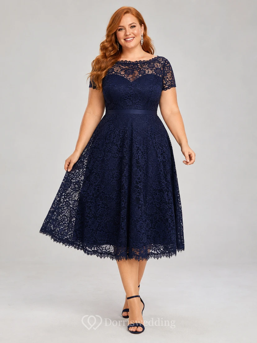 Dark Navy Lace Cap Sleeve A Line Cocktail Dress