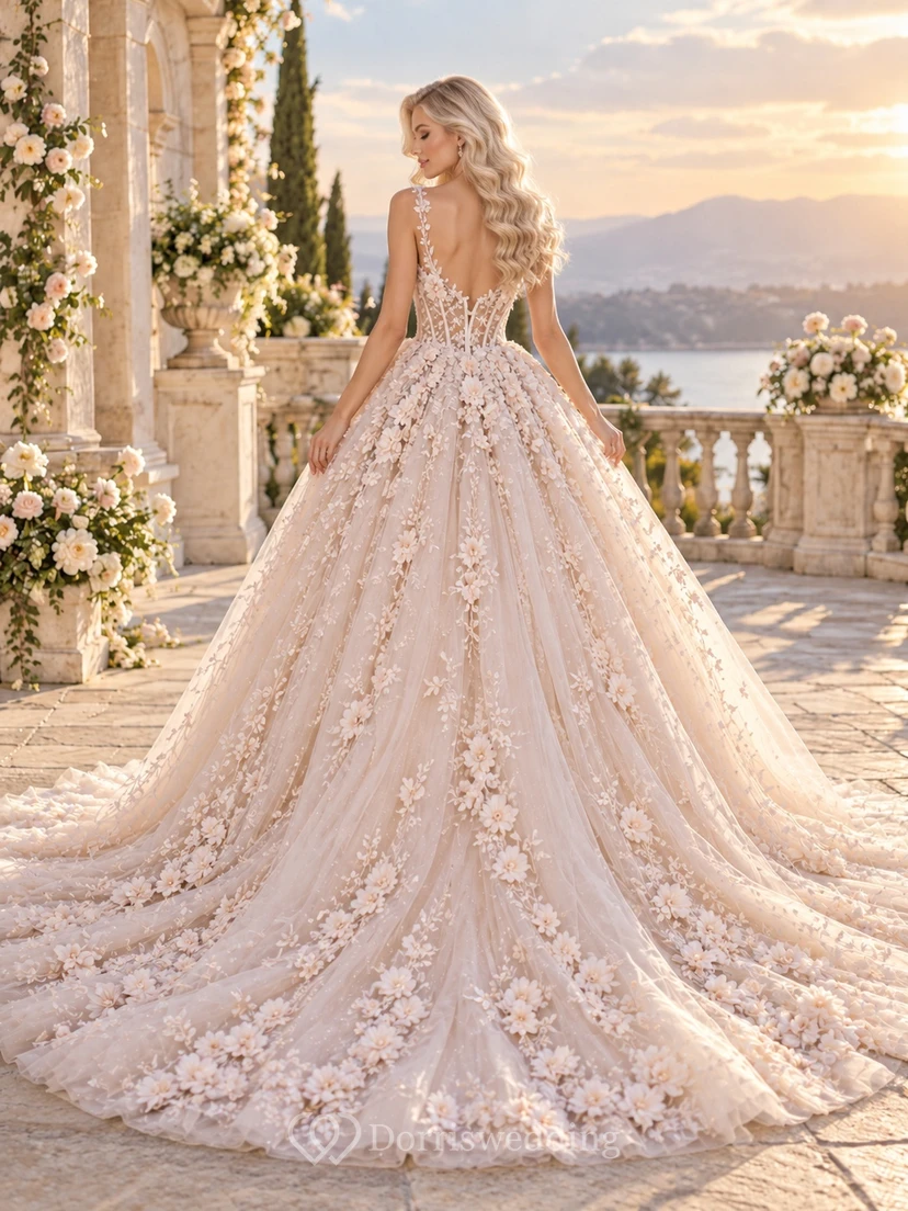 Blush Floral Strap Corset Tulle Chapel Train Ball Gown Wedding Dress view 2