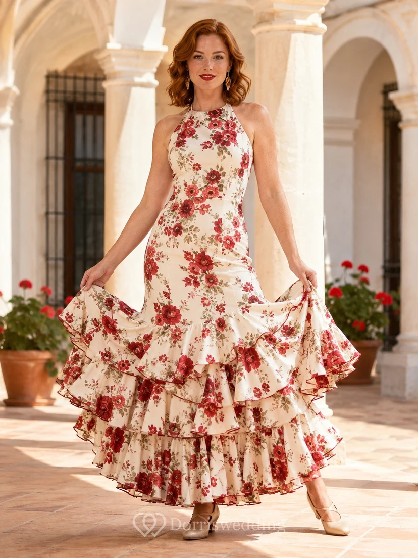 Cream Floral Chiffon Halter A-Line Ankle-Length Tiered Vintage Flamenco Dress