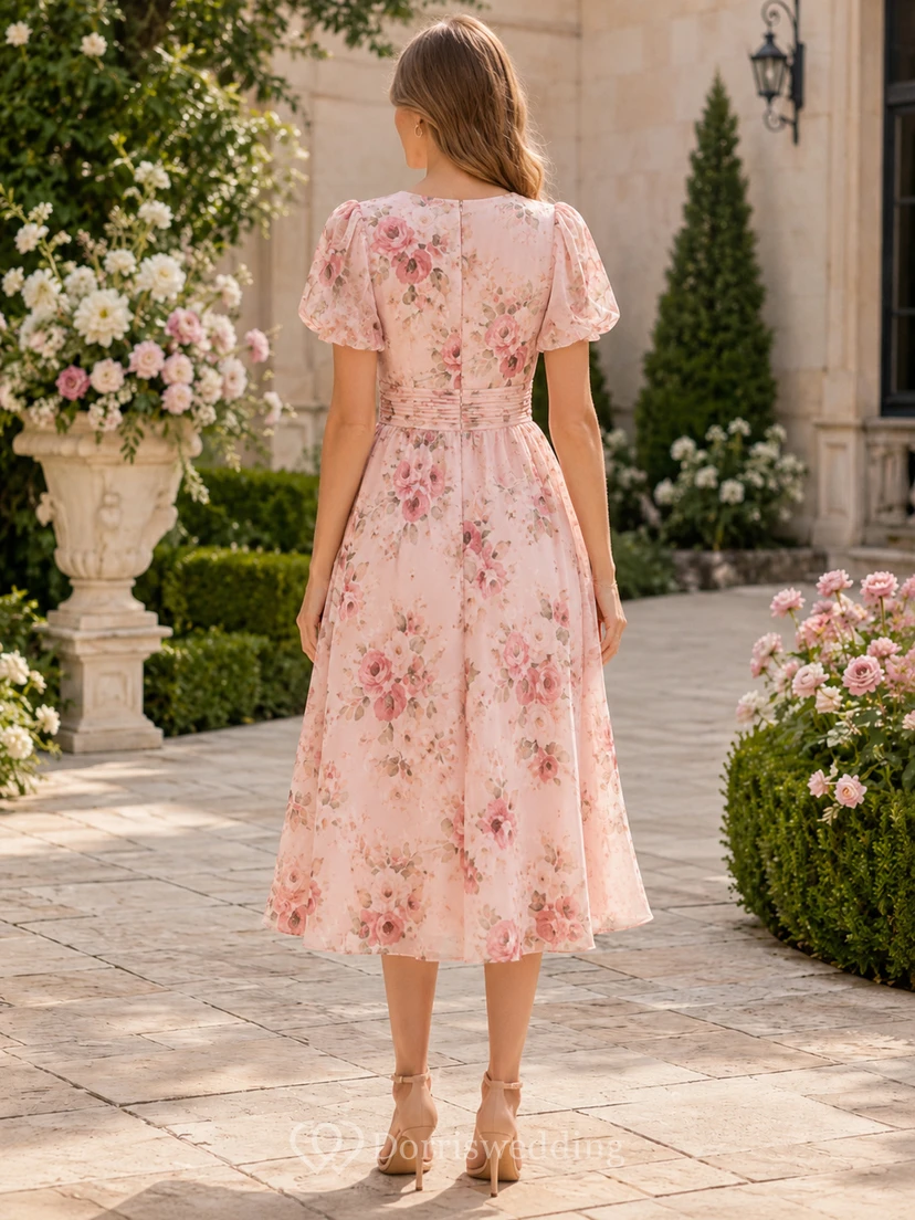 Robe midi trapèze à col V et manches bouffantes rose à fleurs view 2