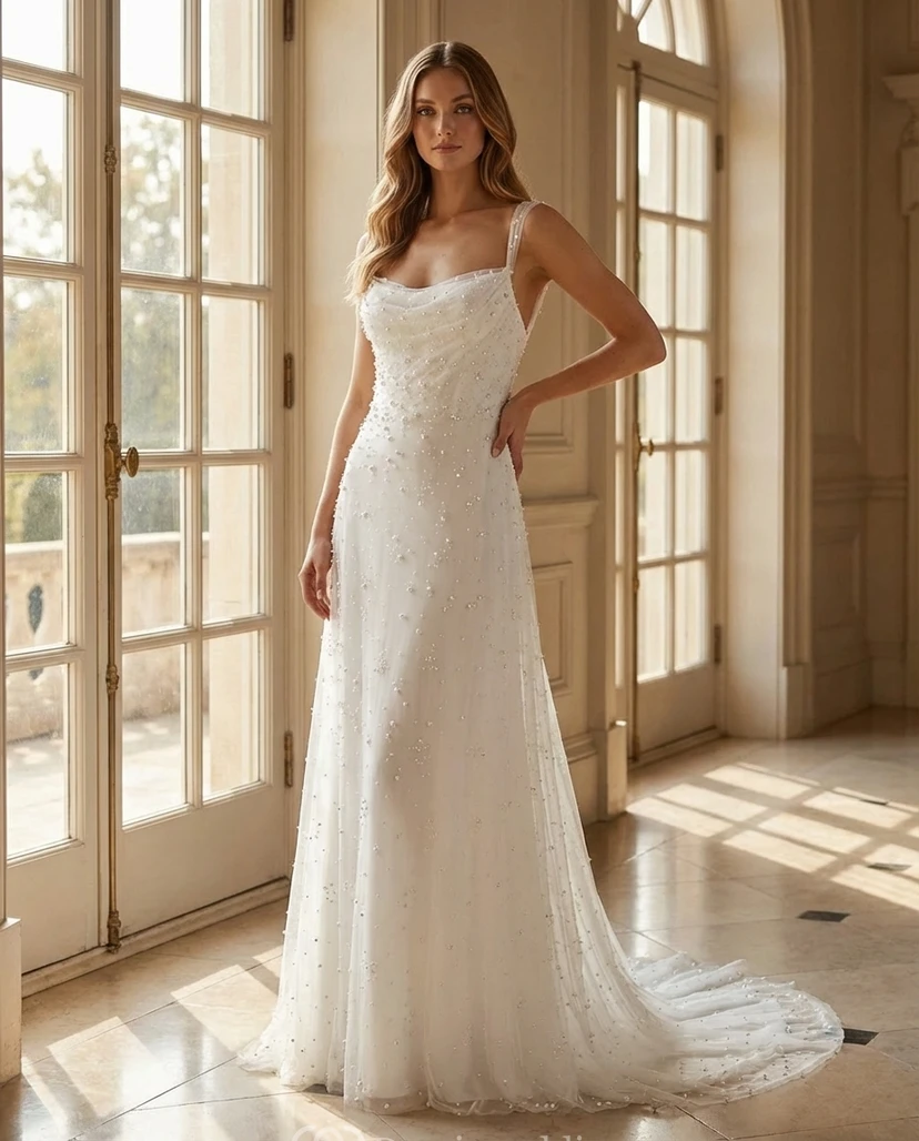 Robe de mariée fourreau ornée de perles, col bénitier, bretelles spaghetti et traîne.