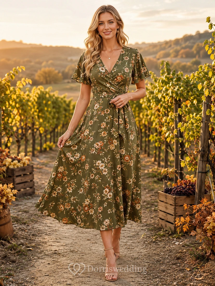 Olive Floral V Neck Short Sleeve Vineyard Midi Dress