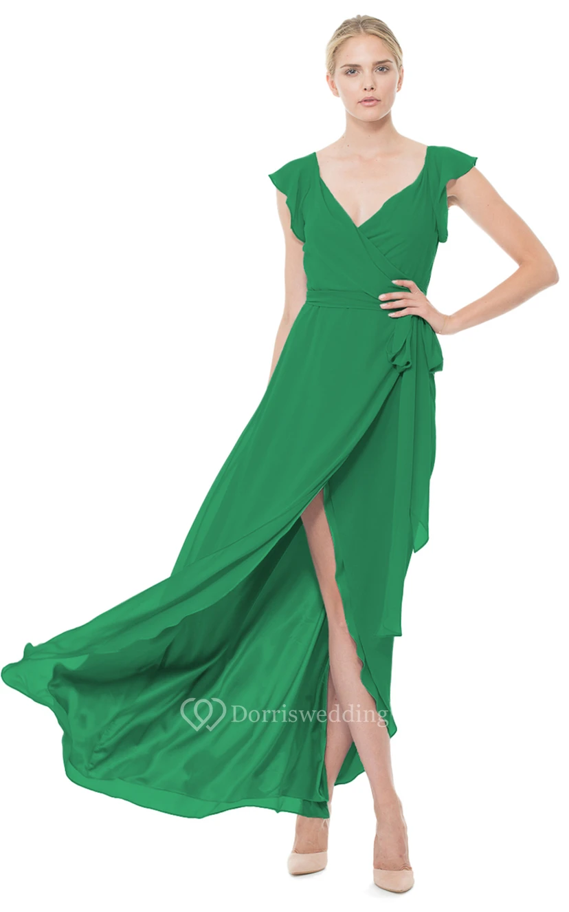 Long-Chiffon V-Neck Cap-Sleeved Dress With Split Front view 2
