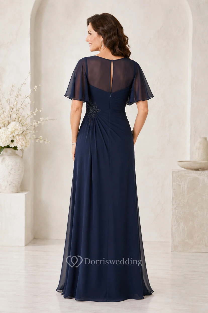 MOB-Kleid Dunkelblauer Chiffon A-Linie Kurzarm U-Boot-Ausschnitt Bodenlang Gerafft view 2