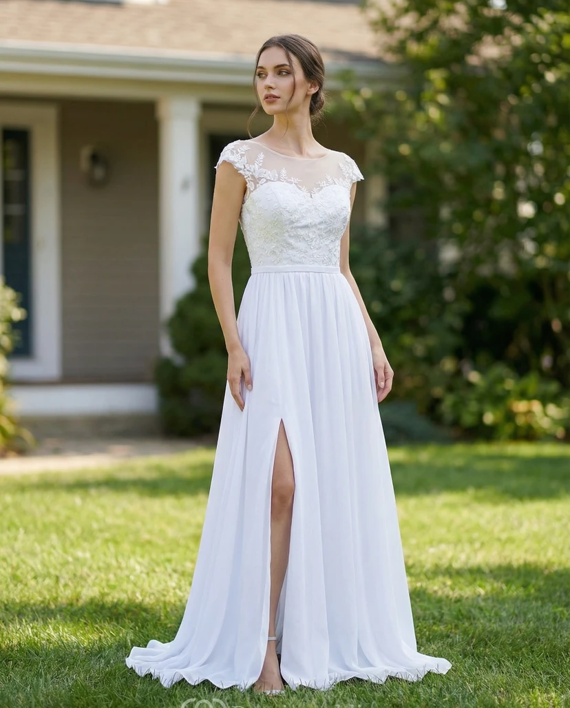 Cap Sleeve Chiffon A-Line Dress with Front Slit
