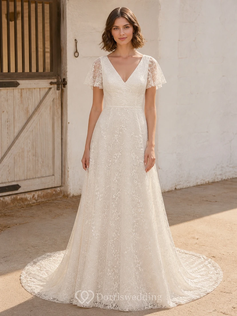 Vestido de novia romántico de corte A con escote en V, mangas cortas y borde festoneado floral.