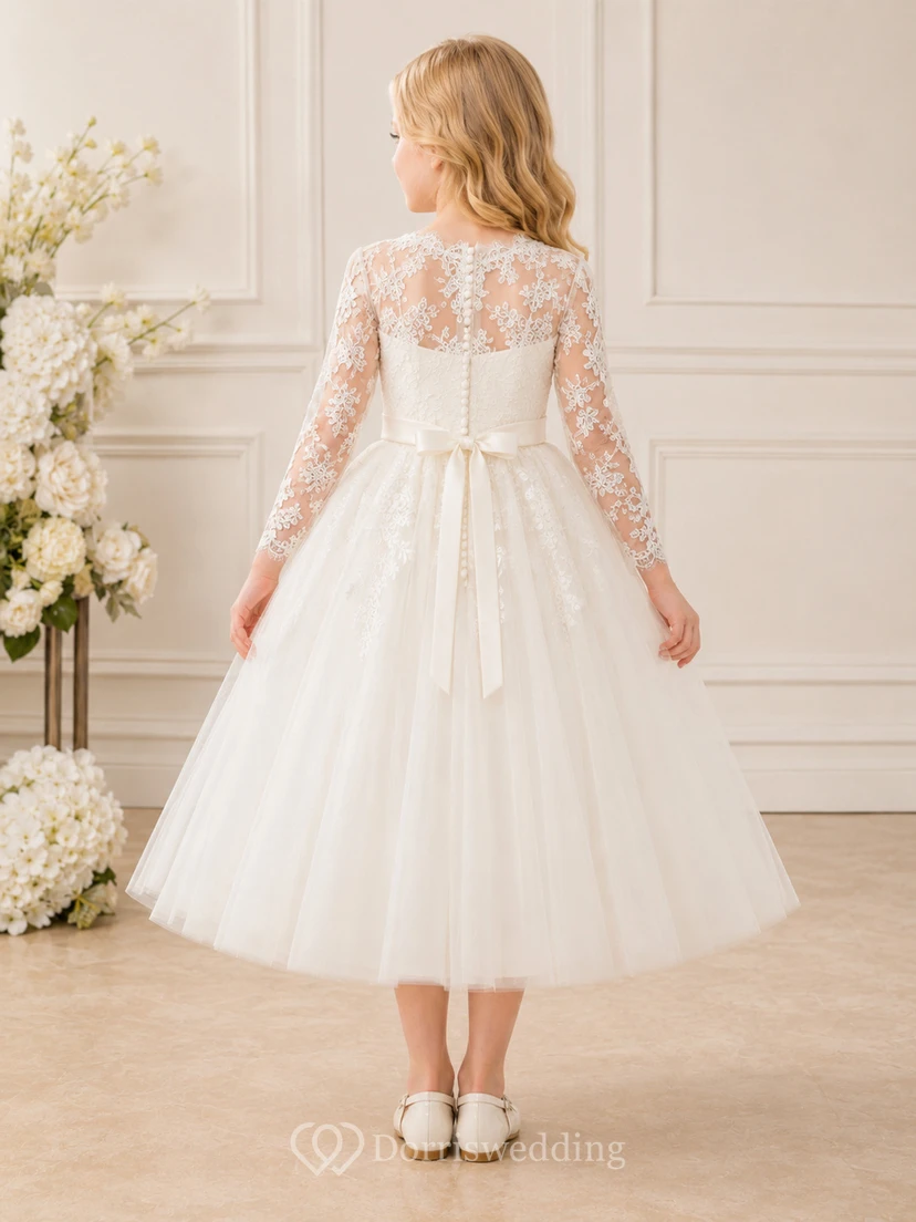 Flower Girl Dress A-Line Cream Modest Lace Long Sleeve Tulle Formal view 2