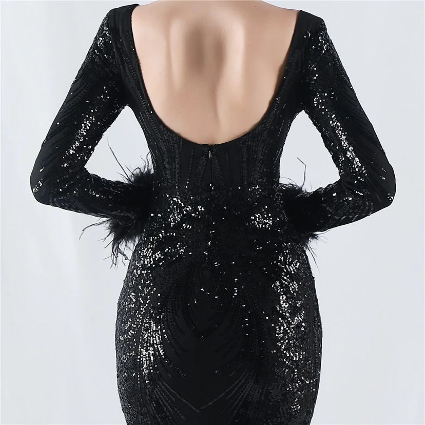 Robe de soirée haut de gamme ornée de perles florales fixes et de poils d'autruche, hôte de la réunion annuelle d'hiver view 34