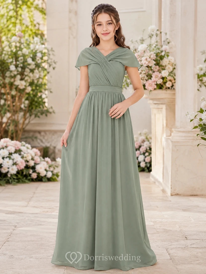 Vestido de dama de honor juvenil color celadón, corte en A, escote en V, manga corta, fruncido de pétalos, estilo romántico.
