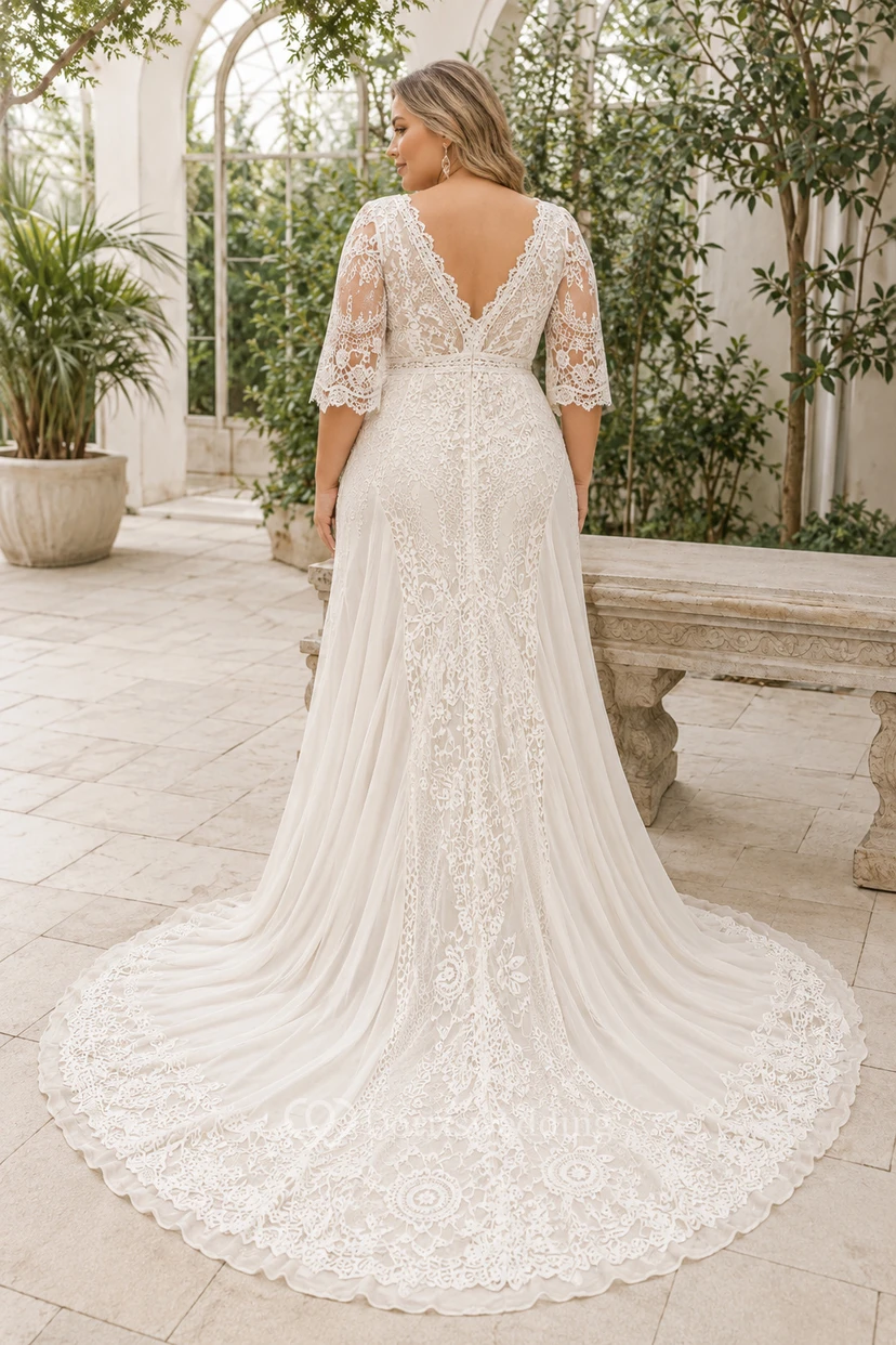 Plus Size Ivory V-Neck Lace Mermaid Wedding Dress with Half Sleeves view 2