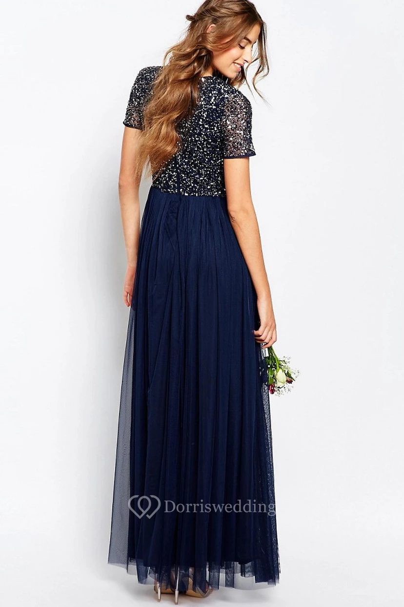 A-Linien-Brautjungfernkleid aus blauem Chiffon mit V-Ausschnitt, Perlenbesatz, kurzen Ärmeln und Falten, bodenlang view 2