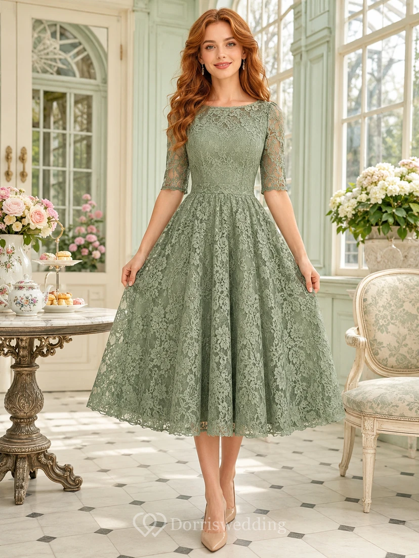 Sage Half Sleeve Bateau Lace Tea Room Midi Dress