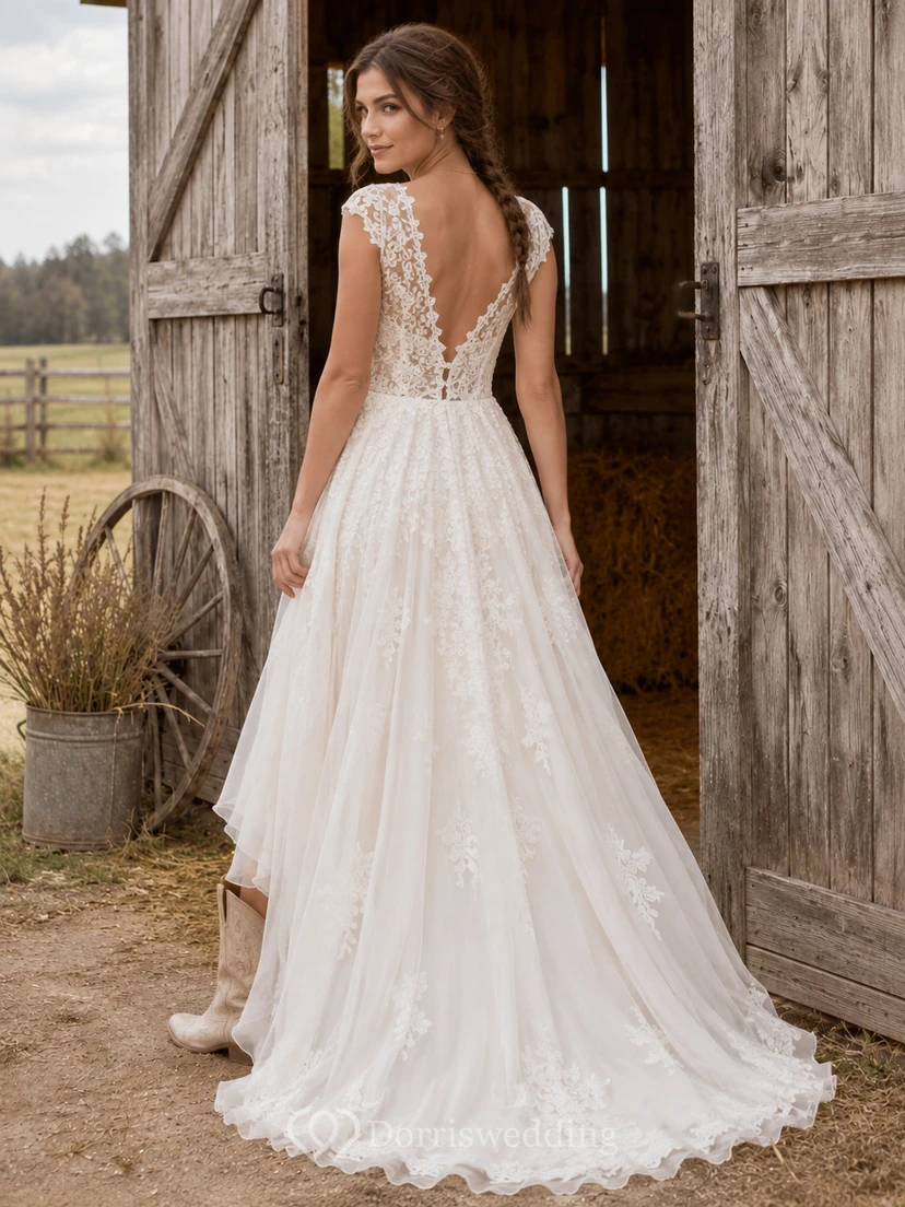 Boho V-Neck A-Line Bridal Gown with Cap Sleeves and Lace Split Skirt Romantic Bohemian Tulle view 2