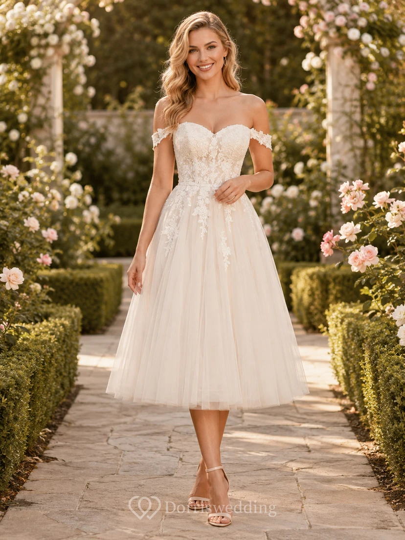 Garden Betrothal Ivory A-Line Tea-Length Off-Shoulder Short-Sleeve Tulle Romantic Cocktail Dress