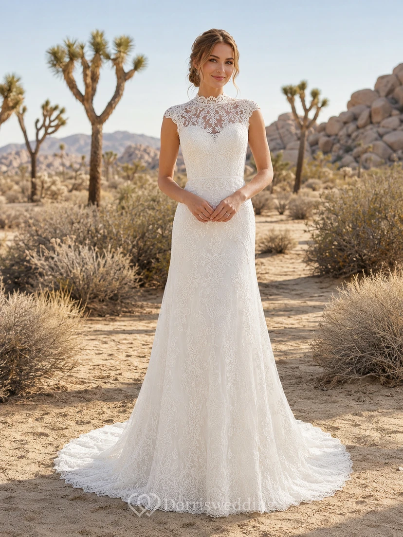Robe de mariée désertique à col montant, manches courtes, entièrement en dentelle, fourreau et traîne chapelle