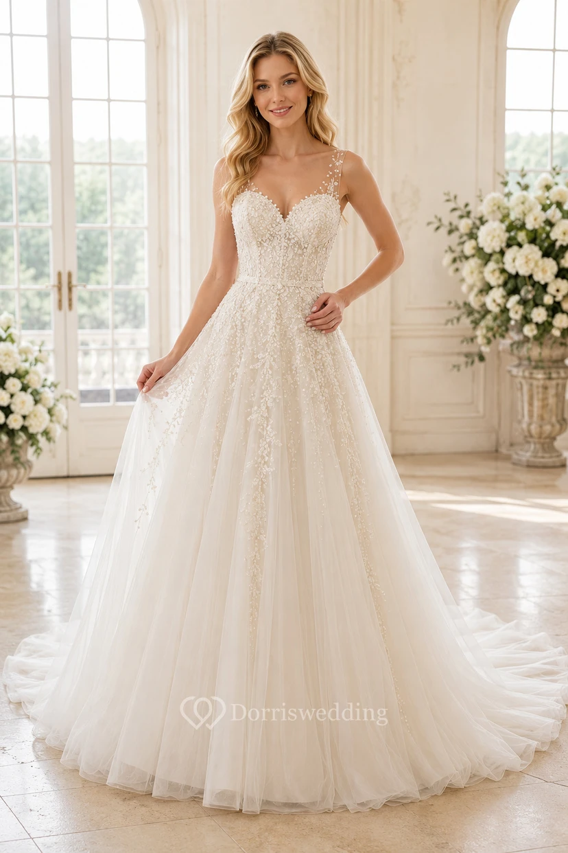 A-Linien-Brautkleid mit Spaghettiträgern, Applikationen und Tüllschleppe