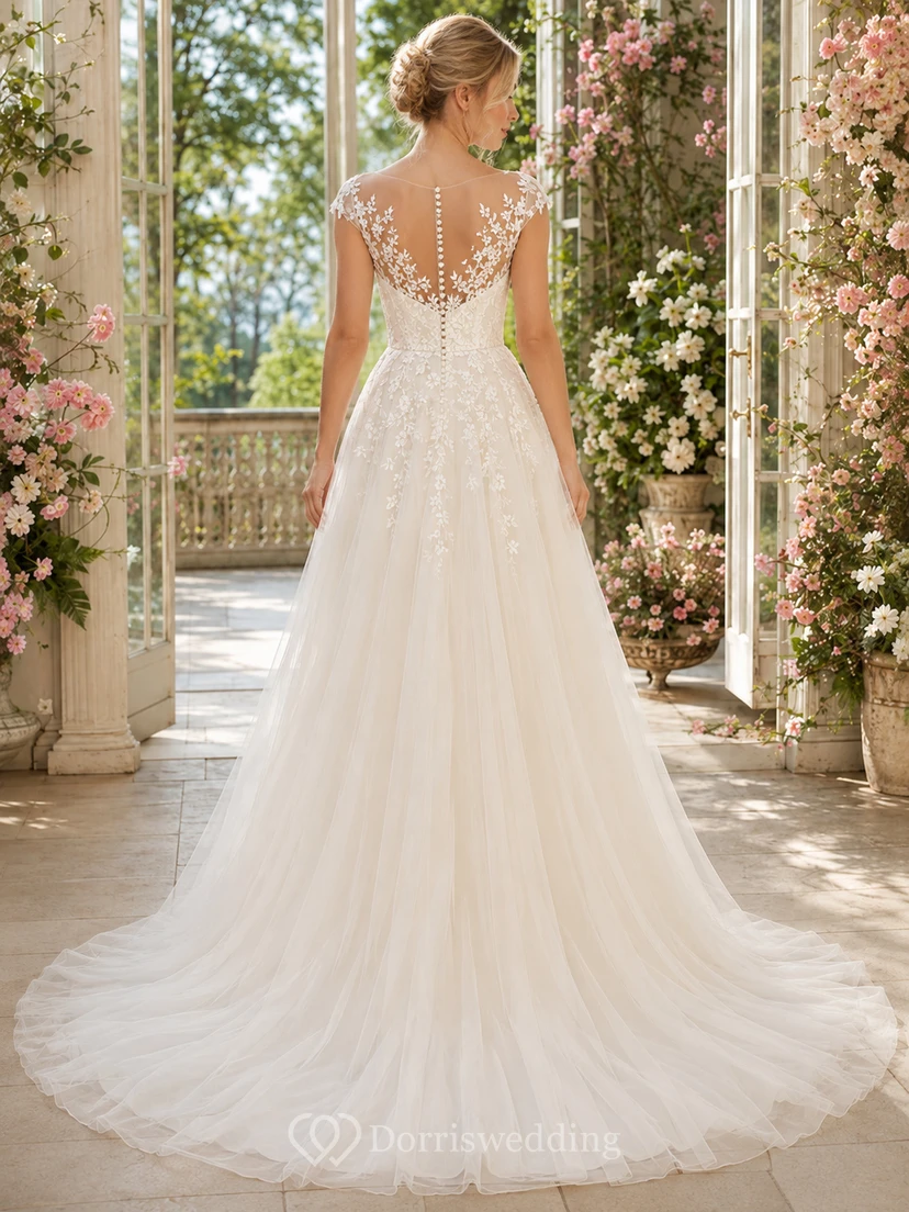 Robe de mariée en dentelle et tulle, coupe trapèze, col en V, manches courtes, traîne. view 2