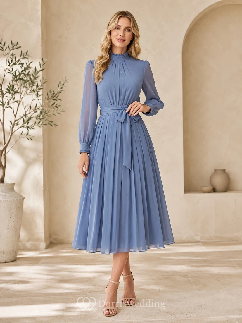 Modest Steel Blue High Neck Long Sleeve Chiffon Pleated Tea-Length A-Line Dress