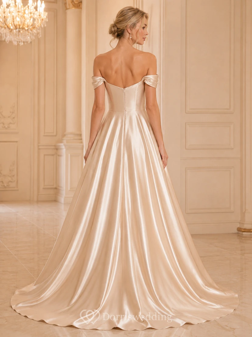 Champagnerfarbenes schulterfreies A-Linien-Ballkleid aus Satin view 2