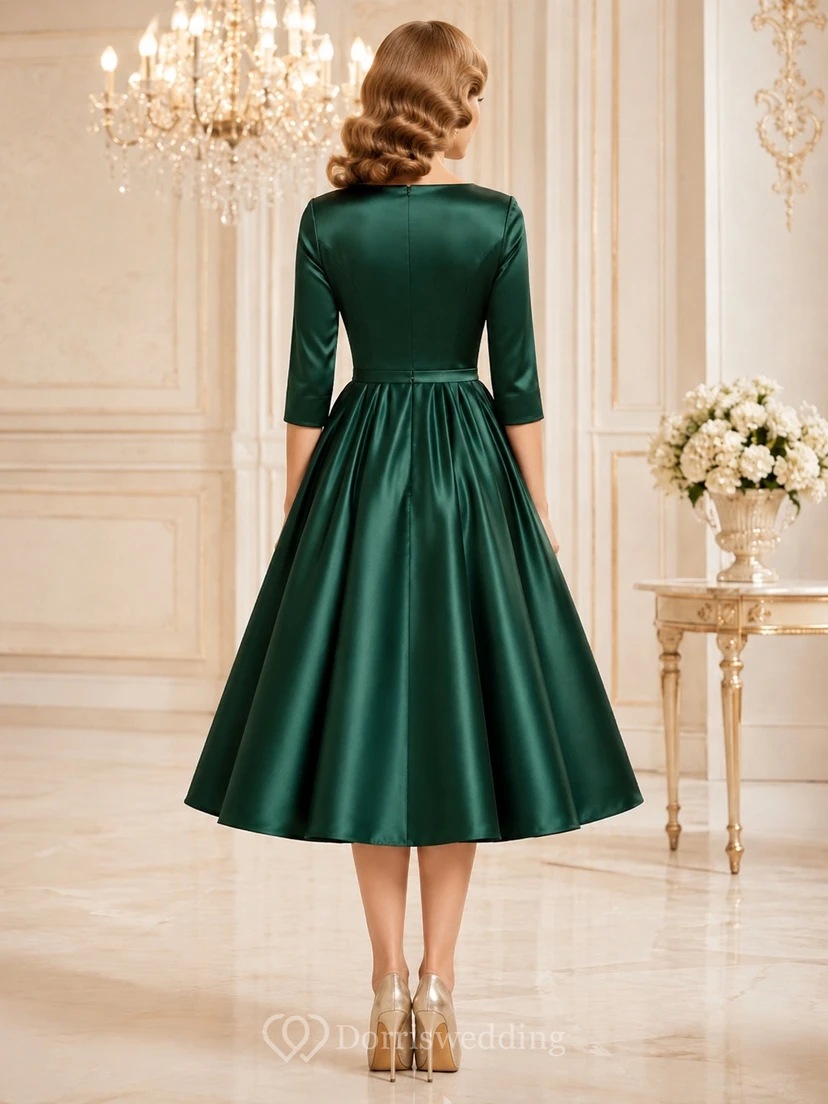 Dark Green Bateau Three-Quarter Sleeve Satin A-Line Tea-Length Vintage Formal Dress view 2