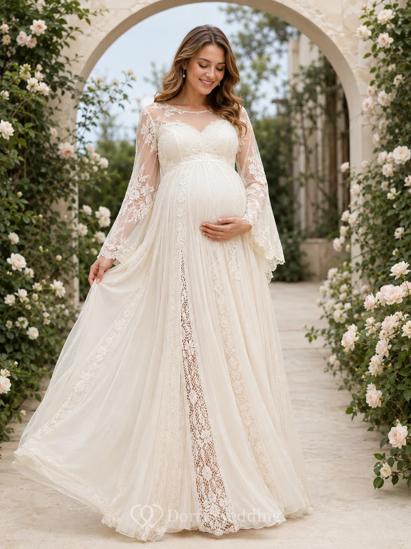 Robe de mariée de maternité à manches longues en dentelle, col en V, coupe empire et trapèze