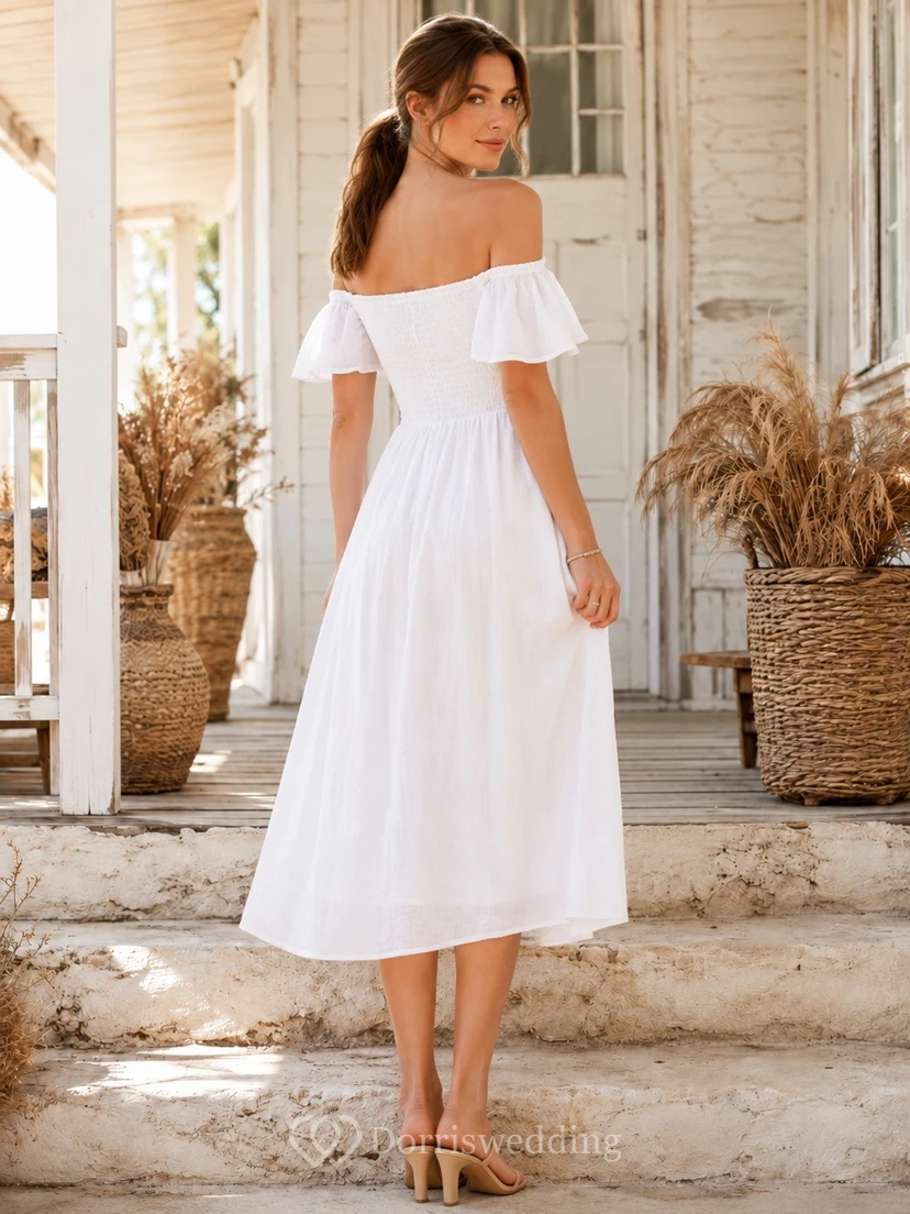 White Off-Shoulder Short Sleeve Knee-Length Linen A-Line Dress view 2