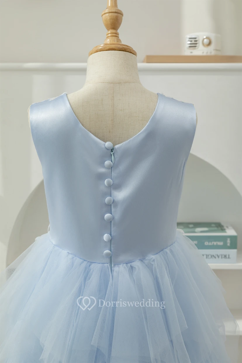 Sky Blue Scoop-neck Applique Ruffled Tulle Short Flowergirl Dress view 6